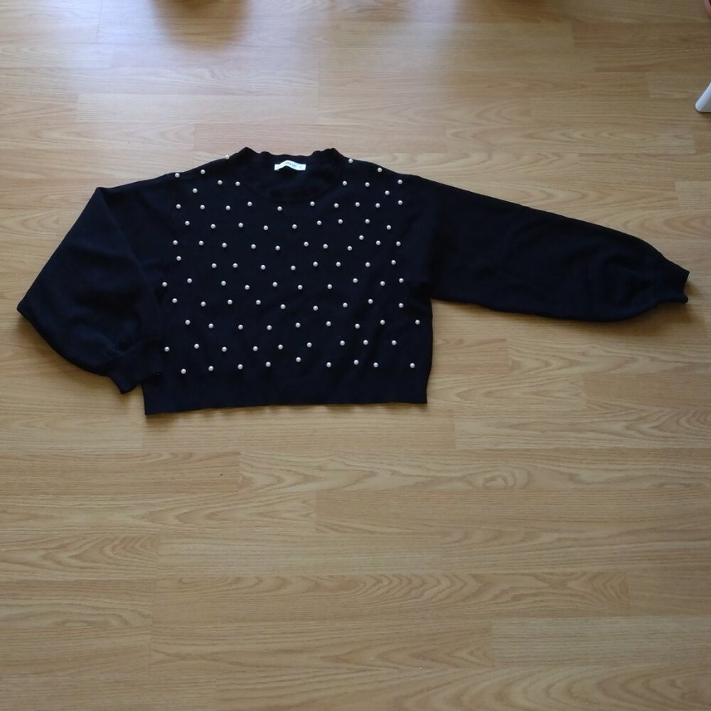 Zara Knit Black Balloon Sleeved Sweater with Pearls | Size Small